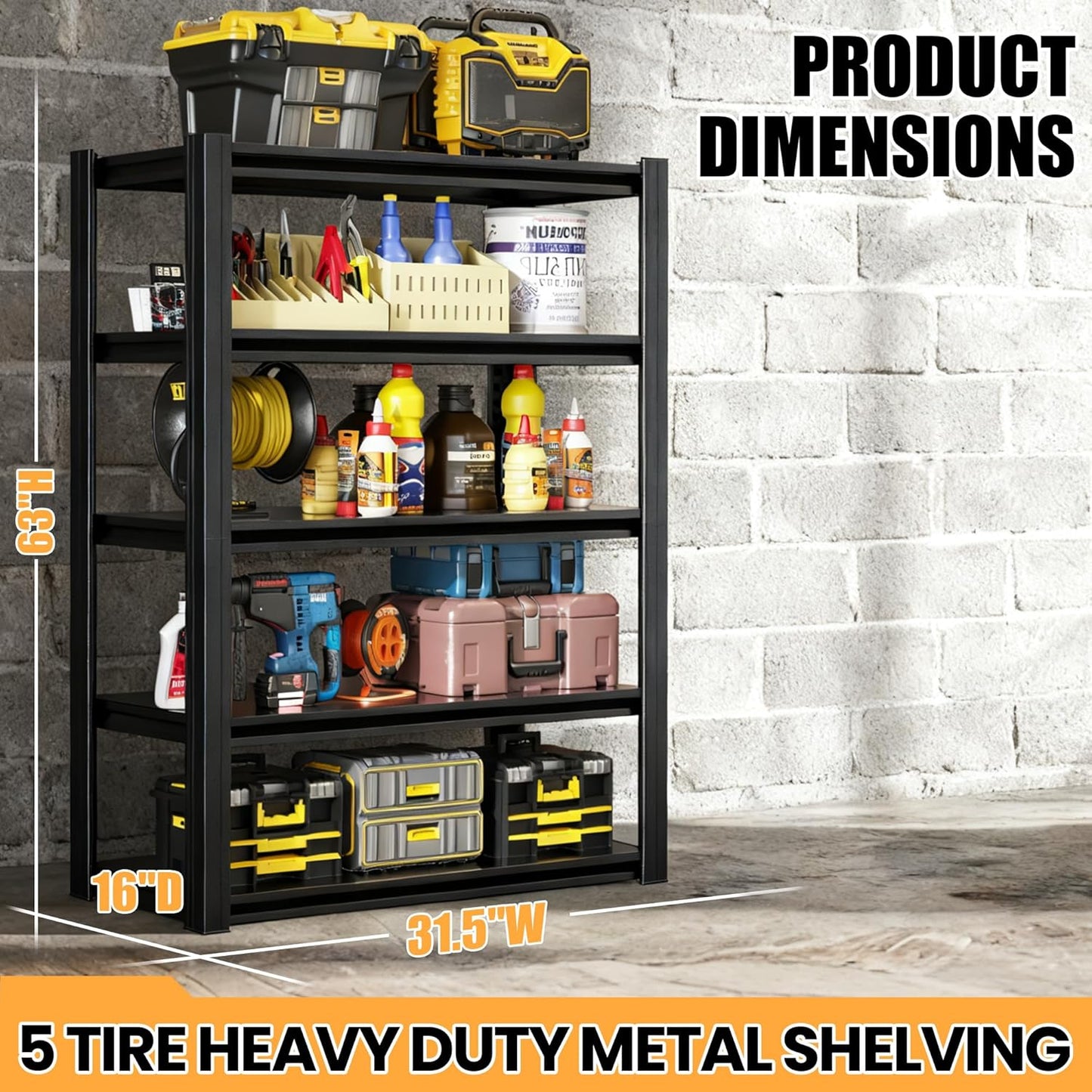 63" H Garage Shelving, Heavy Duty Storage Shelves, Garage Storage Shelves, Adjustable 5 Tier Metal Shelving Unit, Utility Shelves for Warehouse Backyard, 63" H×31.5" W×16" D