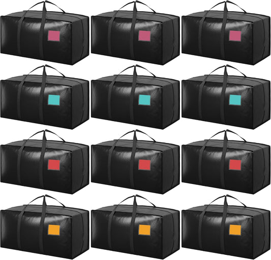 12 Pack Extra Large Heavy Duty Moving Bags with Reinforced Zipper & Wide Handles, Moisture-Resistant Storage Bins Packing Cubes for Clothes, College Dorm, Travel, and Home Organization, Black