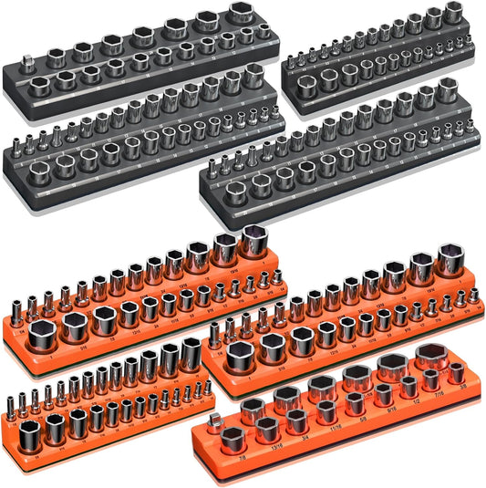 Magnetic Socket Organizer Holder Set – 8-Piece Tool Organizers Including 1/4", 3/8" and 1/2" Drive Socket Holder Metric & SAE 207 Pieces Socket Trays (Sockets are not Included)