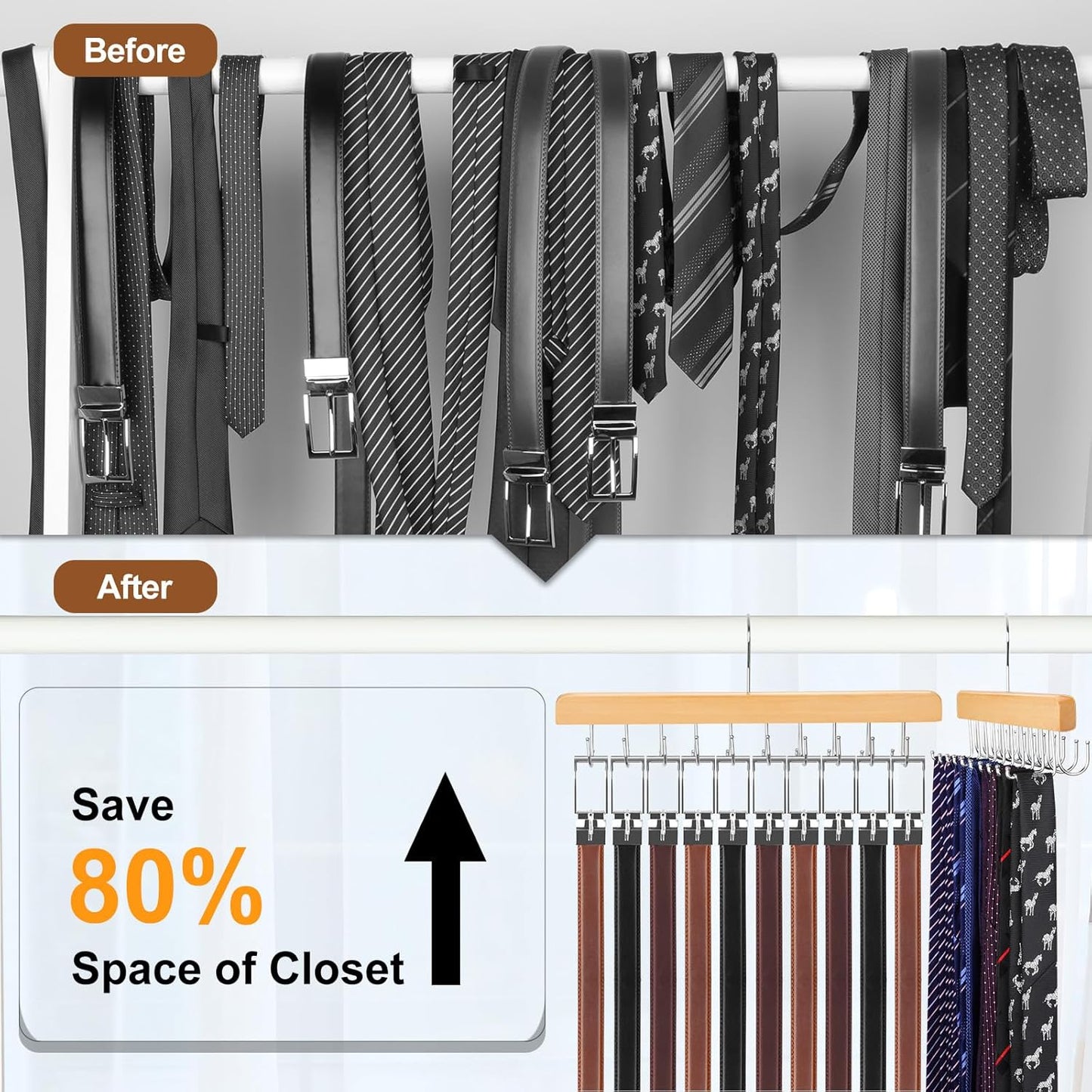 TOPIA HANGER 2 Pack 2 in 1 Belt Tie Hanger for Closet Max 60 Belts with 60 Ties Capacity, 20 Hooks Belt Tie Racks Wooden Hanger for Closet Organizer Space Saving “U” Fit Belt and “一” Fit Tie - CT59N