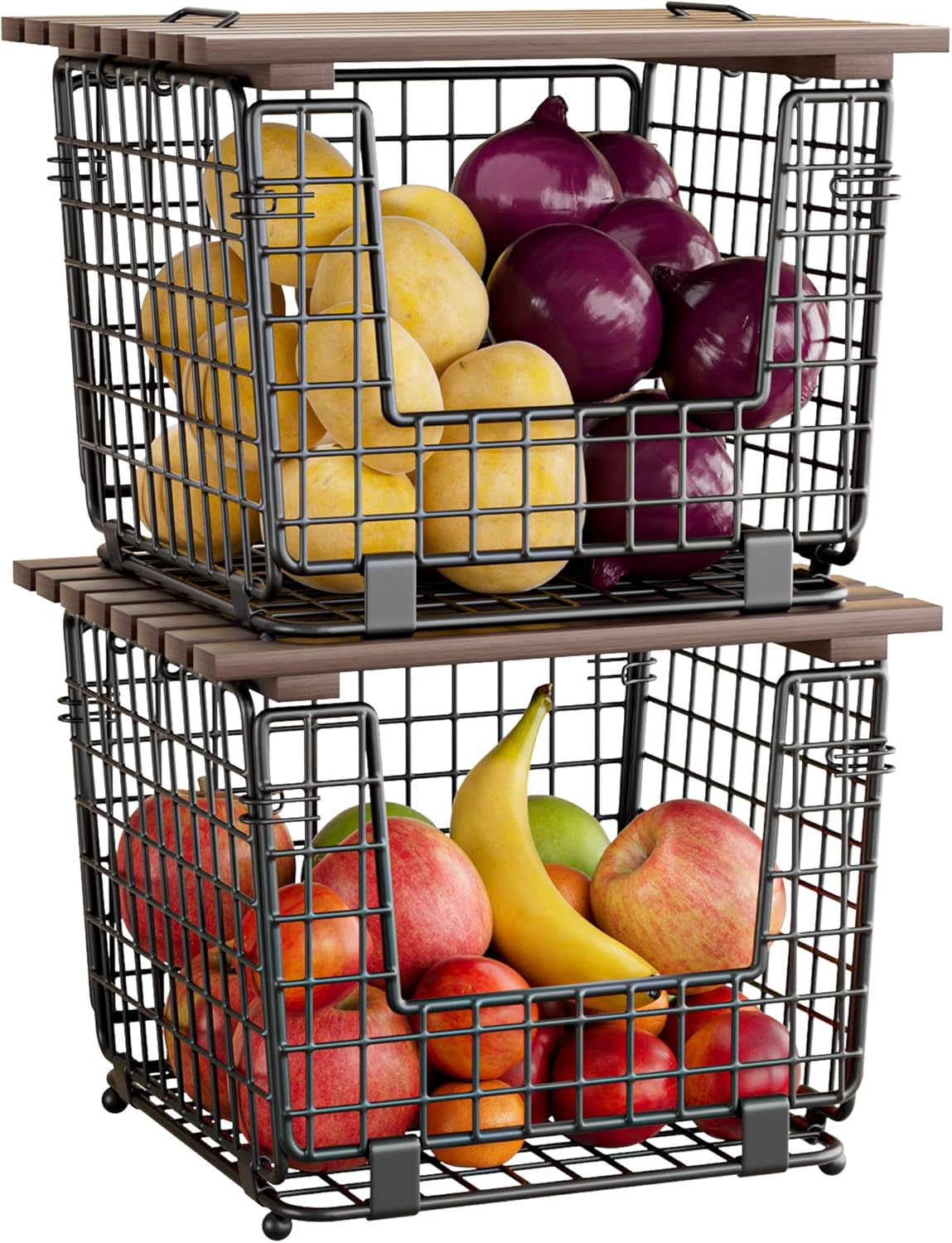 Wire Storage Basket For Kitchen Pantry and Counter - Stackable Wire Organizing Bin For Produce, Vegetable - Countertop Potato, Onion, Veggie Basket Brown