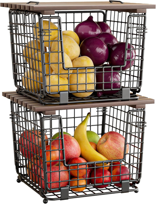 Wire Storage Basket For Kitchen Pantry and Counter - Stackable Wire Organizing Bin For Produce, Vegetable - Countertop Potato, Onion, Veggie Basket Brown