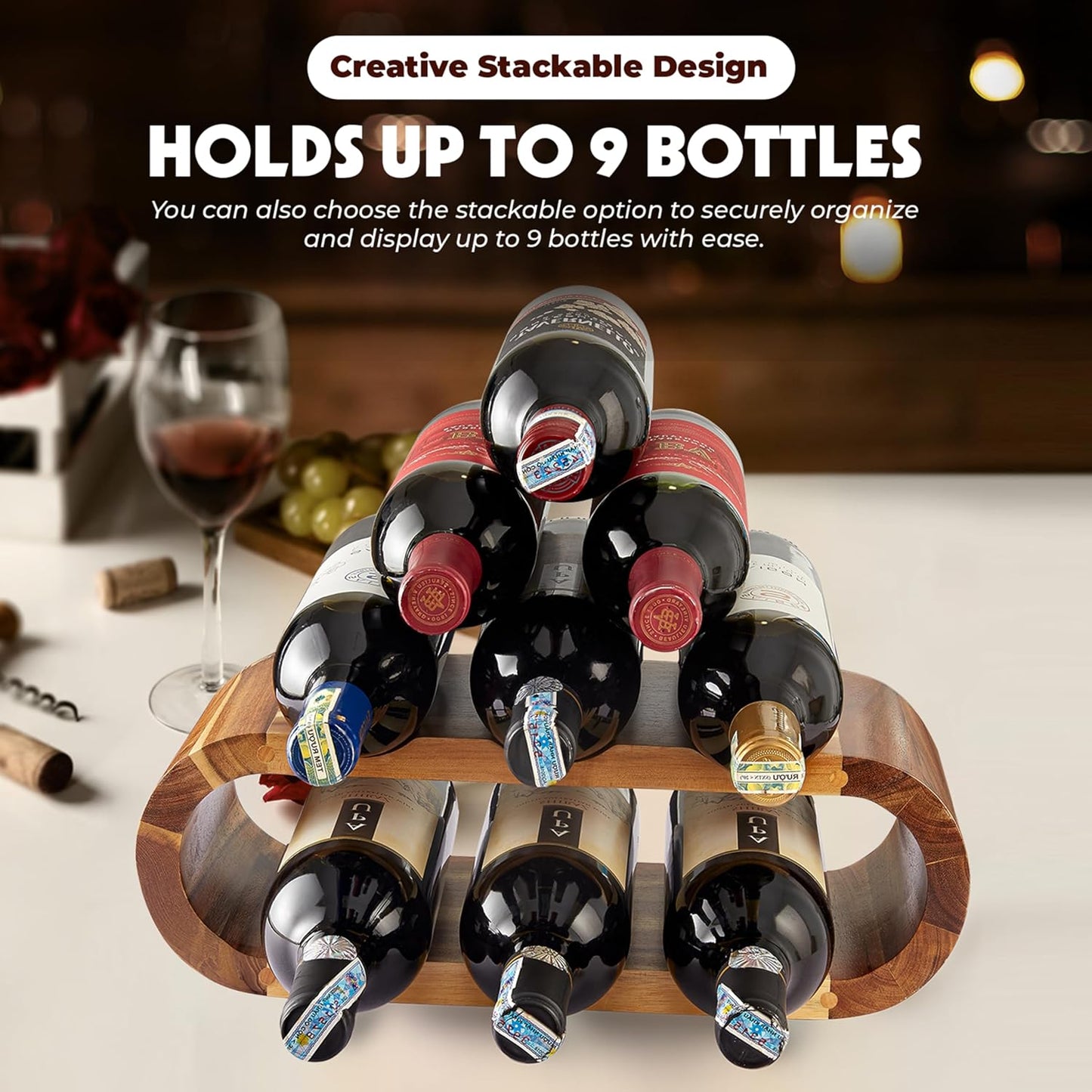 BLUEWEST Wooden Wine Racks Countertop – 6 Bottle Freestanding Wine Holder Stand – Acacia Wood Display Organizer – No Assembly Required – Ideal for Home Décor & Wine Gifts