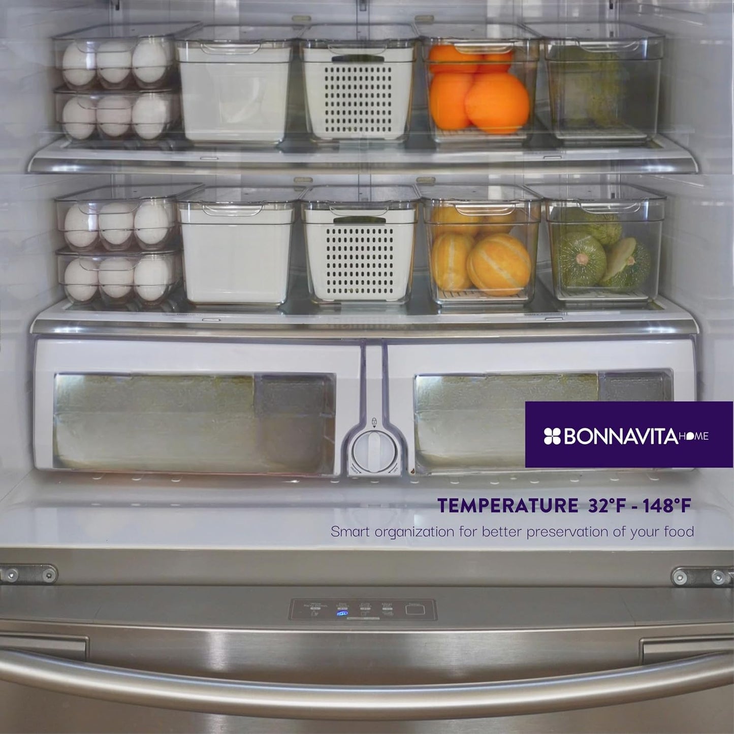 Clear Stackable Storage Containers with Lids BPA-Free Organizer Bins for Refrigerator Pantry Fridge Drawer with Colander and Dividers for Kitchen Food Preservation and Home Organization BPA Free