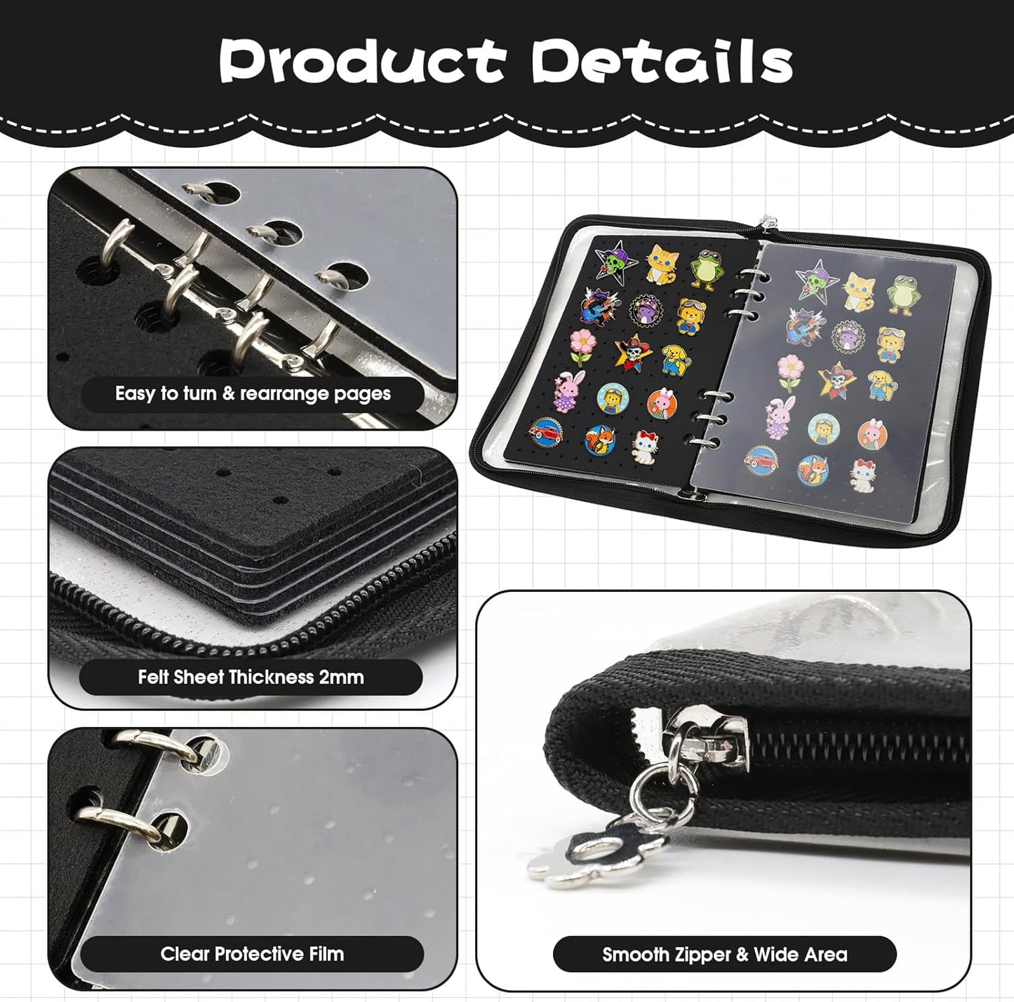 Enamel Pin Display Book - Portable 6 Pages A5 Enamel Pin Collection Holder Trading Book for Storing Pins Brooches Patches, Pin Storage Organizer for Travel Collectors (Black)