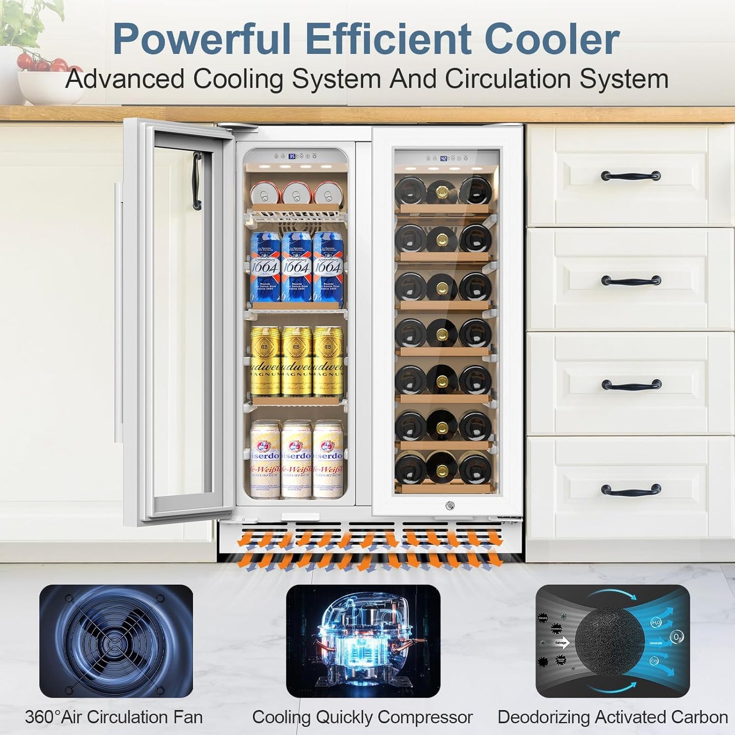 Wine and Beverage Refrigerator, 24 Inch Beverage Cooler Dual Zone with Glass Door, Under Counter Beverage Fridge with Upgraded 65 Cans 18 Bottles Large Capacity, White