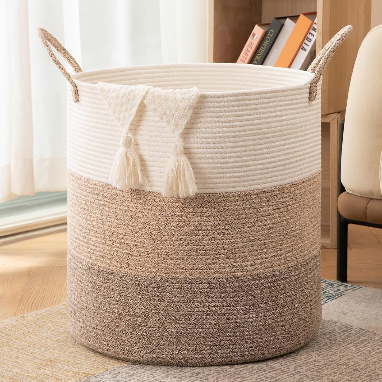 OIAHOMY 100L Laundry Hamper, Dirty Clothes Hamper for Bedroom, Collapsible Laundry Basket, Large Blanket Basket,Nursery Hamper with Handle, Blanket Storage for Living Room-18.5x21inches-Gradient Brown