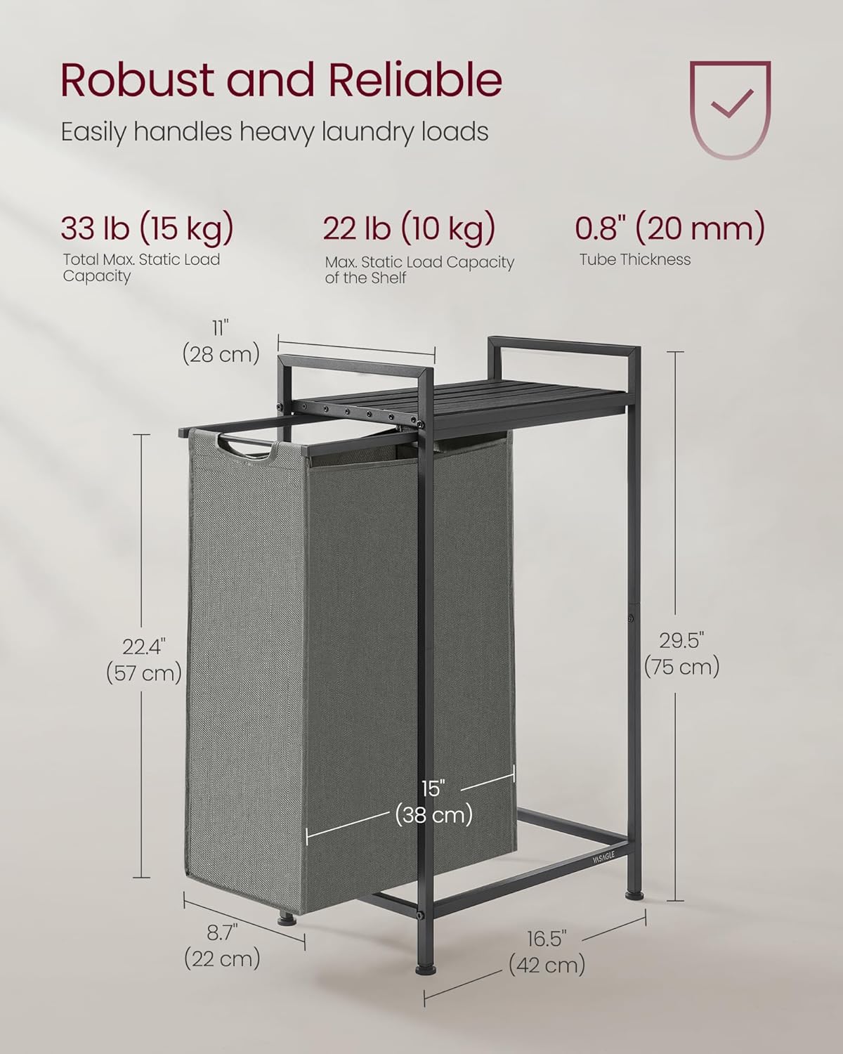 VASAGLE Laundry Hamper, Laundry Basket, Laundry Sorter with a Pull-Out and Removable Bag, Shelf, Metal Frame, 12.4 Gallons (47 L), 16.5 x 11 x 29.5 Inches, Slate Gray and Charcoal Gray UBLH001G01