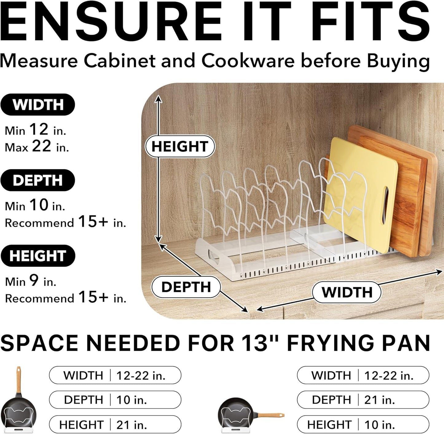 Simple Houseware Expandable Pan Organizer Rack, 10 Adjustable Compartments, White - Kitchen Cabinet Organizer for Pots, Pans, Lids & Bakeware - Pantry & Countertop Storage