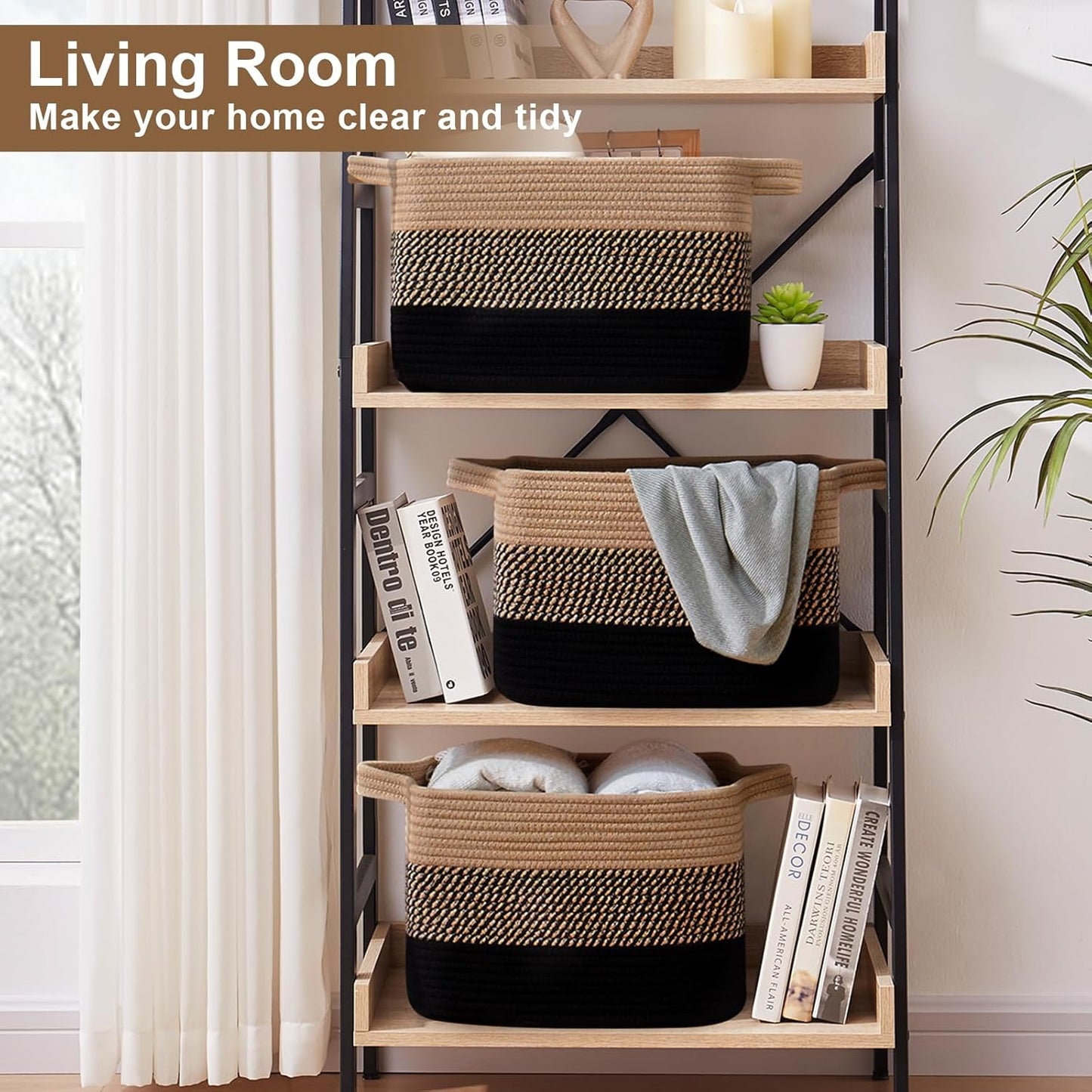 Storage Basket for Organizing, Woven Baskets for Storage, Rectangle Decorative Baskets for Shleves, Closet, Toys, Books, Nursery Organizer Bins - Pack of 3 (Black & Brown, 15.75"x11.8"x9.85")
