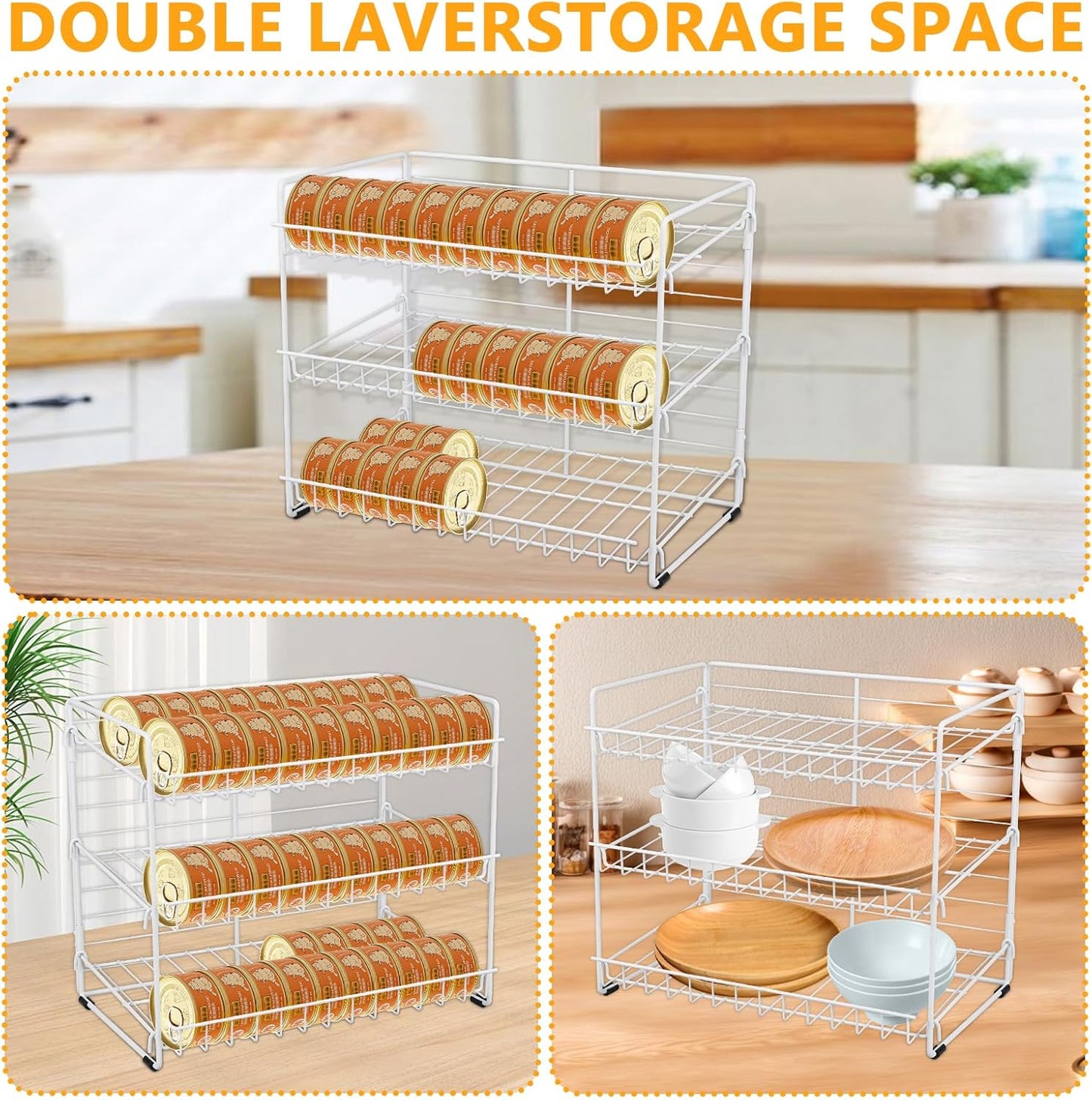 Cat Food Organizer, 3-Tier Stackable Iron Shelf for 45 Cans (3oz) - Pet Food Dispenser, Kitchen Pantry Storage Rack Cabinet, Canned Cat Organizer for Home & Shop