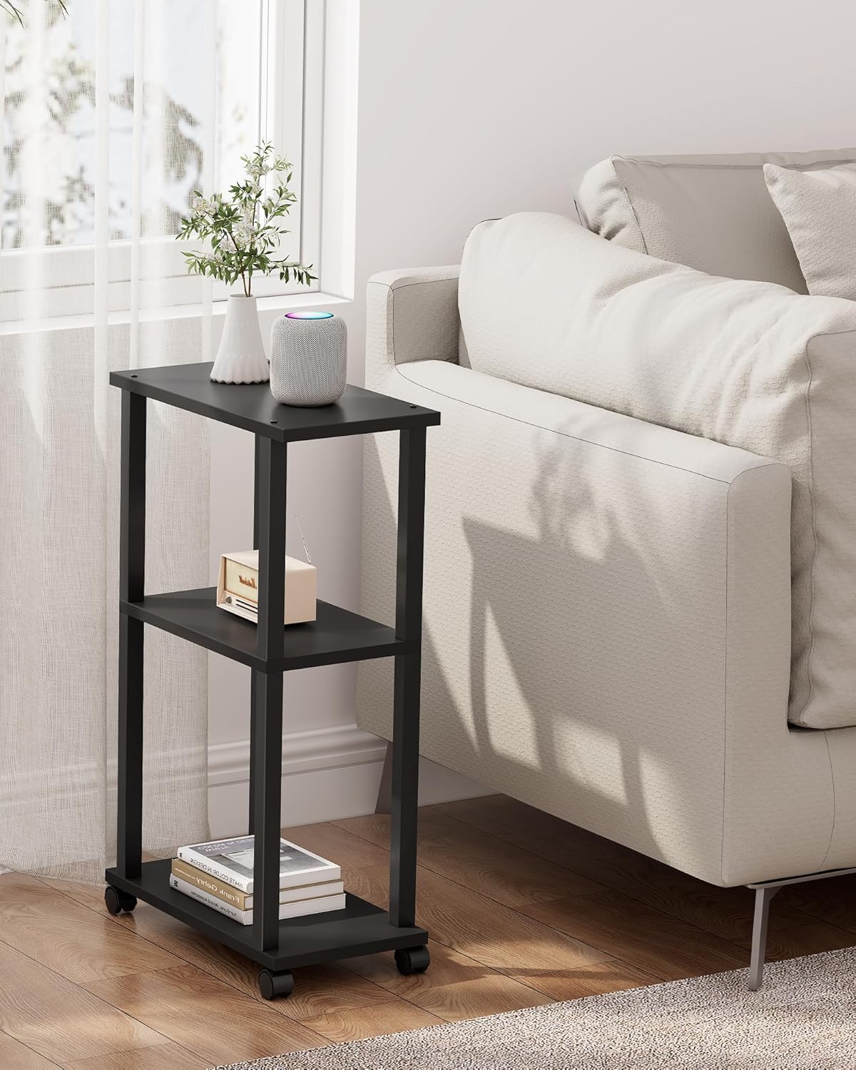 TUTOTAK Small Side Table, Narrow End Table, Bedside Table, Couch Side Table with Wheels for Living Room or Bedroom, Black TB01BK061
