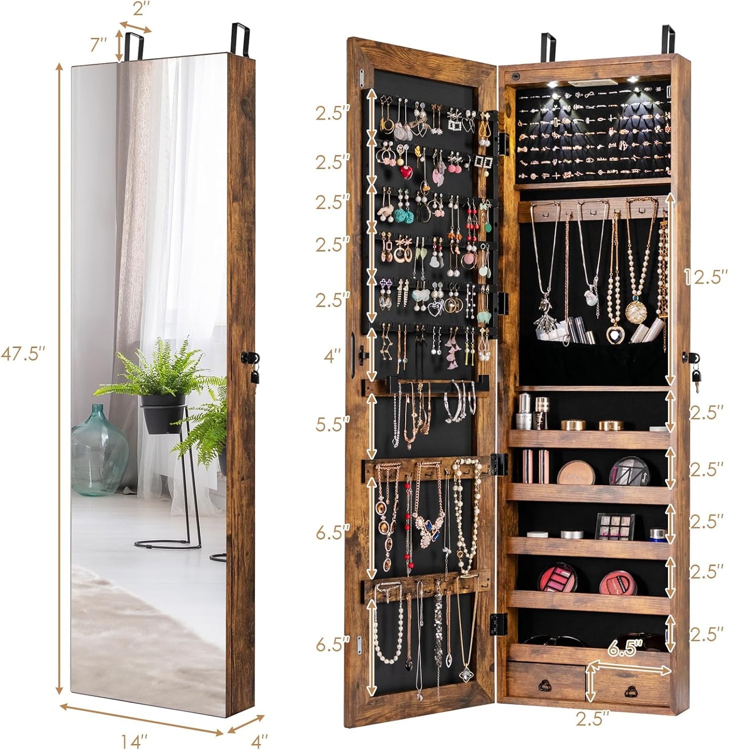 HAPPYGRILL Over the Door Jewelry Organizer, Hanging Jewelry Storage Cabinet w/Full-Length, Inner Makeup Mirror, Earring Shelves, Ring Slots, 25 Necklace Hooks, Wall Mounted Jewelry Armoire for Women
