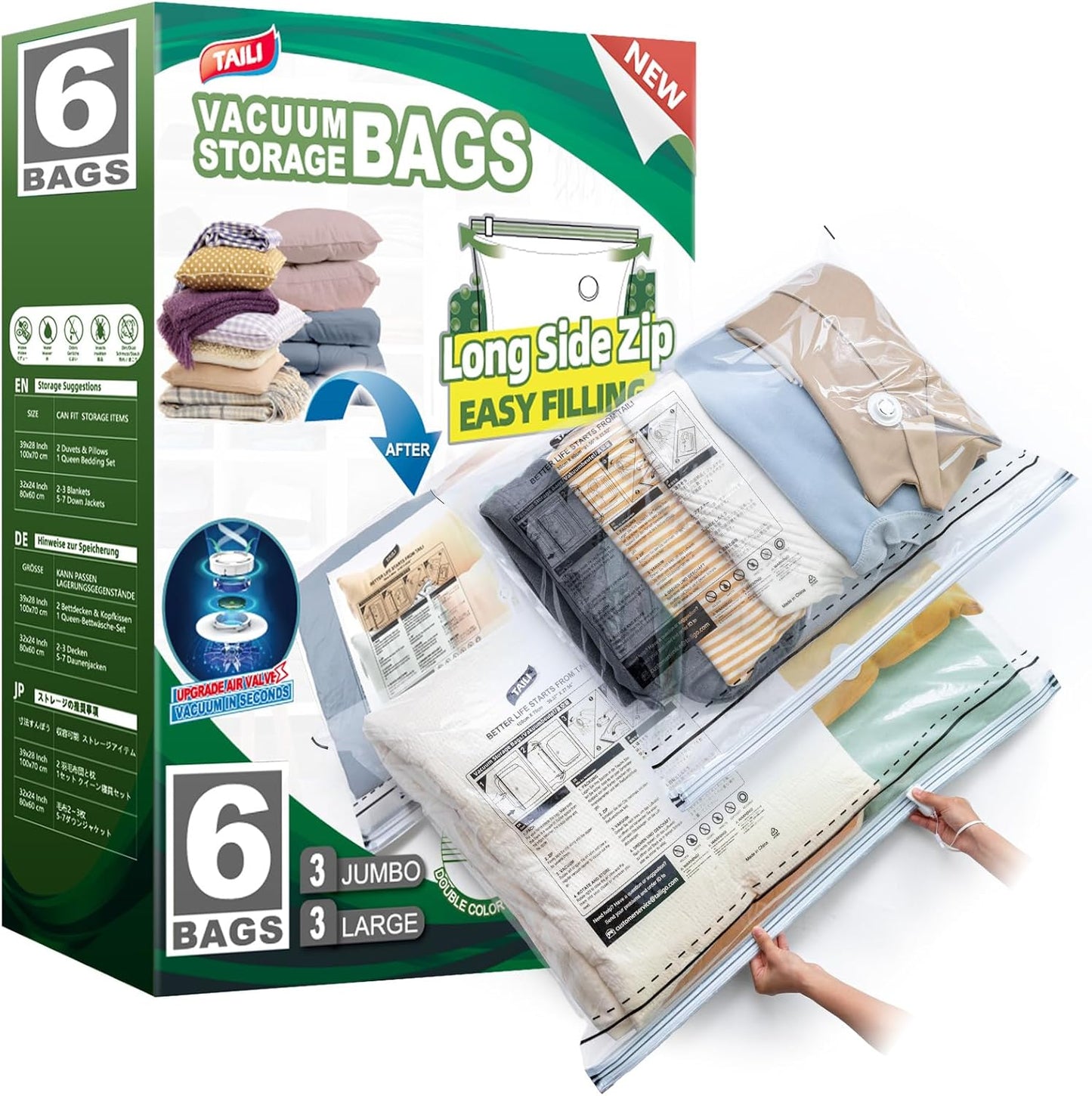 TAILI 6 Pack Vacuum Storage Bags, LONG SIDE ZIP (3 Large+3 Jumbo), Multi-Size Vacuum Seal Bags for Clothing, Storage Bulky Beddings, Comforters and Clothes, Space Saver for Closet Organization