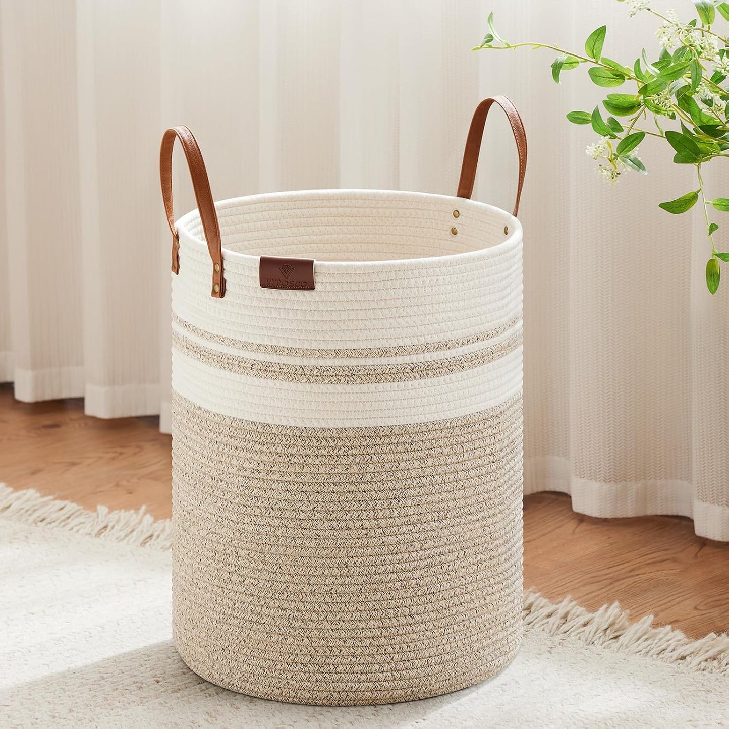 VIPOSCO Tall Laundry Basket, Large Dirty Clothes Hamper with Leather Handle, Woven Rope Storage Basket for Blanket, Toy In Living Room, Bathroom, Bedroom - 53L Brown & White