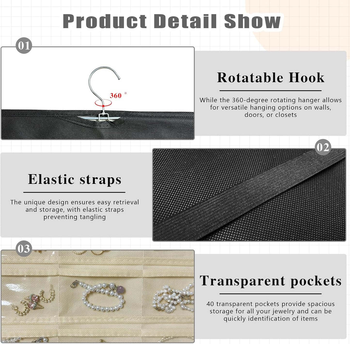 Hanging Jewelry Organizer Storage, 40 Pockets 36 Hooks Necklace Earring Bracelet Ring Organizer, Double - Sided Design, Black and Beige