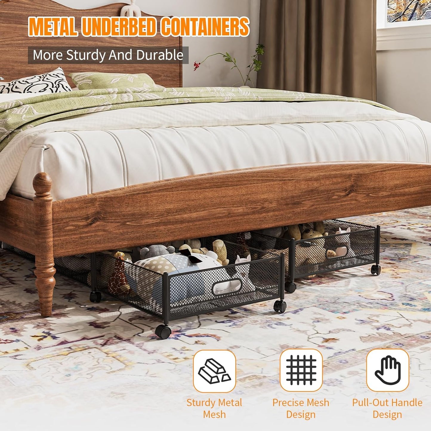 Under Bed Storage With Wheels, 47.2''/90lbs/57.6L, Metal Frame Under Bed Rolling Storage, Tool-Free Assembly Underbed Drawers, Underbed Organizer Containers for Shoes, Clothes and Toys