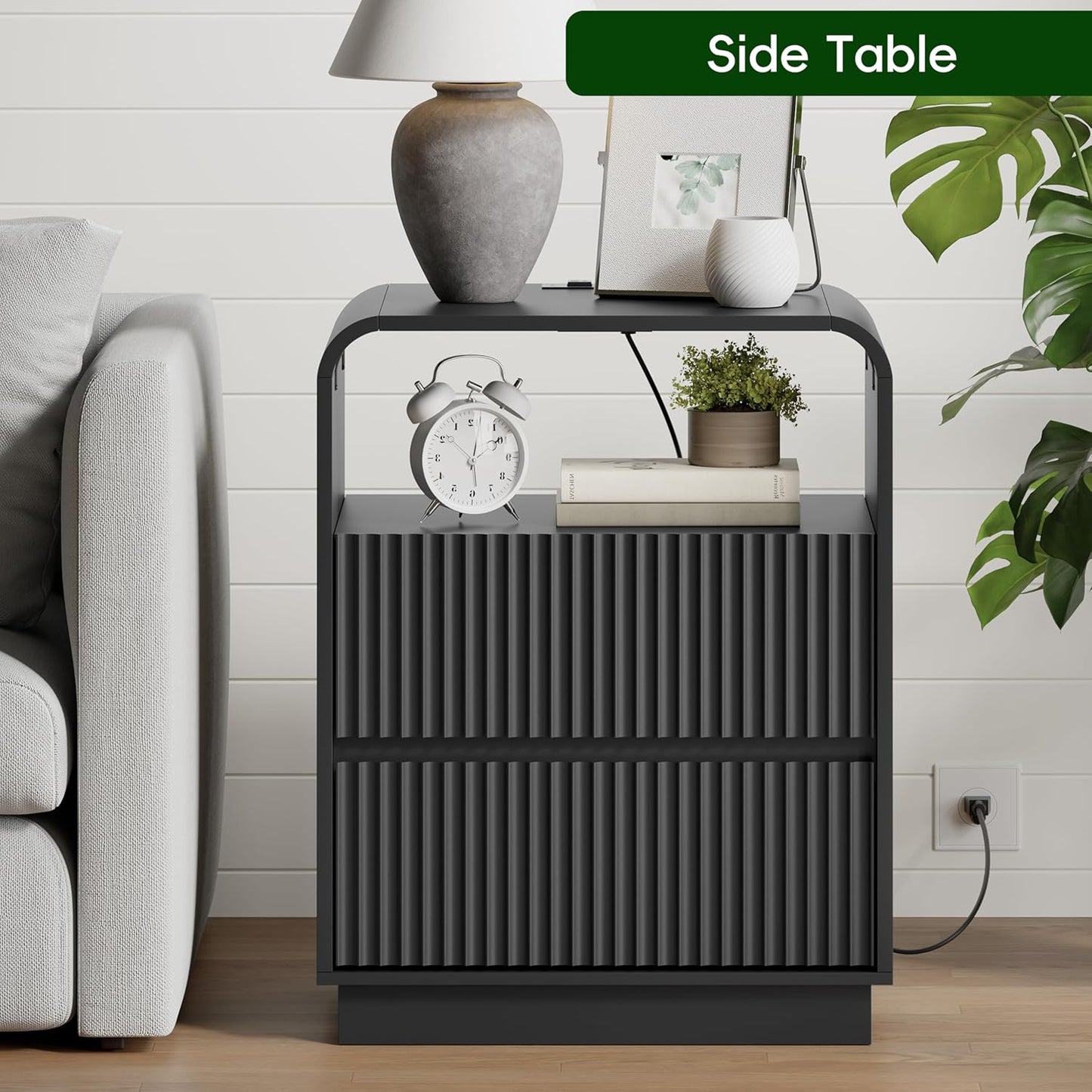 Black Nightstands Set of 2 with Charging Station, Mid Century Modern End Tables & Bedside Tables, Fluted Wood Small Night Stands with 2 Hidden Drawers and Storage Shelf for Bedroom