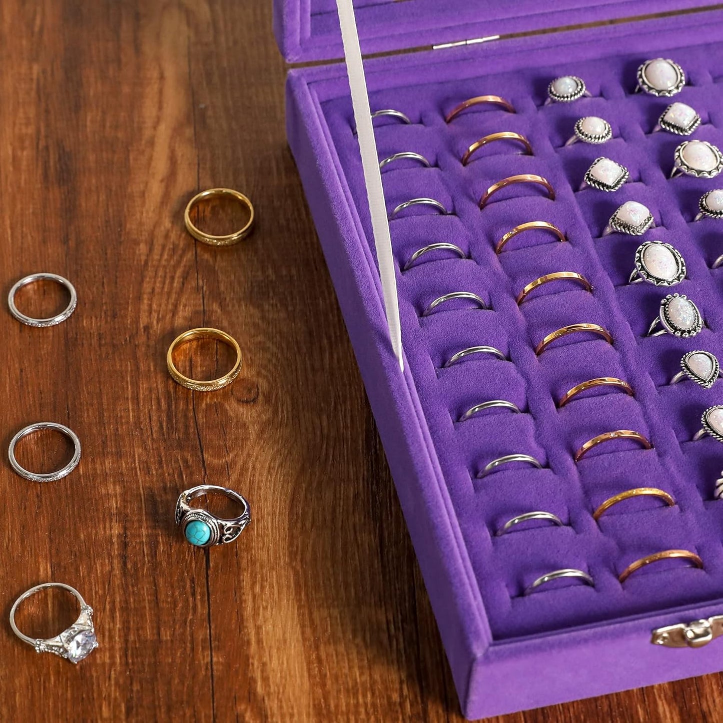 Frebeauty Ring Organizer Tray 100 Slots Ring Holder with Clear Lid Velvet Storage Box Jewelry Tray for Jewelry Store Earring Display Case for Jewelry Show Studs Box for Women(Purple)