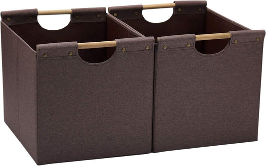 HOONEX Large Collapsible Storage Bins, Linen Fabric, 2 Pack, Storage Baskets with Wooden Carry Handles and Sturdy Heavy Cardboard, for Home, Office, Car, Nursery, Brown