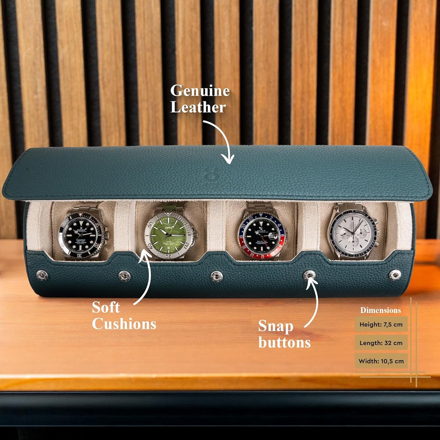 DailyWatch | Watch Roll Travel Case For 4 Watch | Luxury Watch Case In Genuine Leather With Soft Velvet Interior | Watch Case Protect, Store, & Display Your Watches | Dark Green Litchi