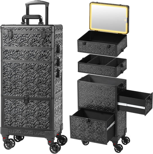 Rolling Makeup Case with Lighted Mirror, Makeup Train Case with Large Drawer, Cosmetology Case, Travel Makeup Organizers, Professional for Salon Barber, Nail, Tattoo, Black