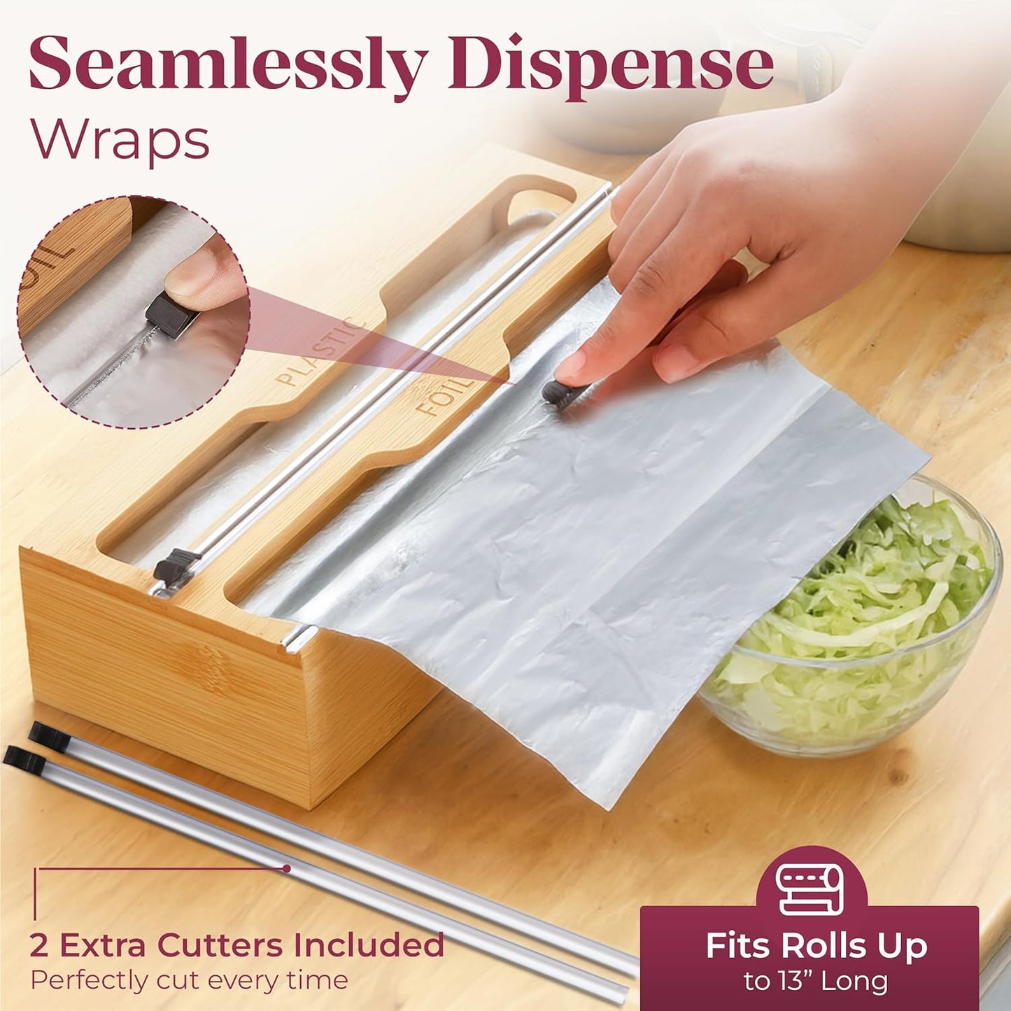 Bamboo Kitchen Storage Bag Organizer, Drawer Organizer with Foil Dispenser, Bamboo Organizer for Sandwich Bags, Plastic Wrap, Baggie and Foil, Premium Kitchen Drawer Organizer