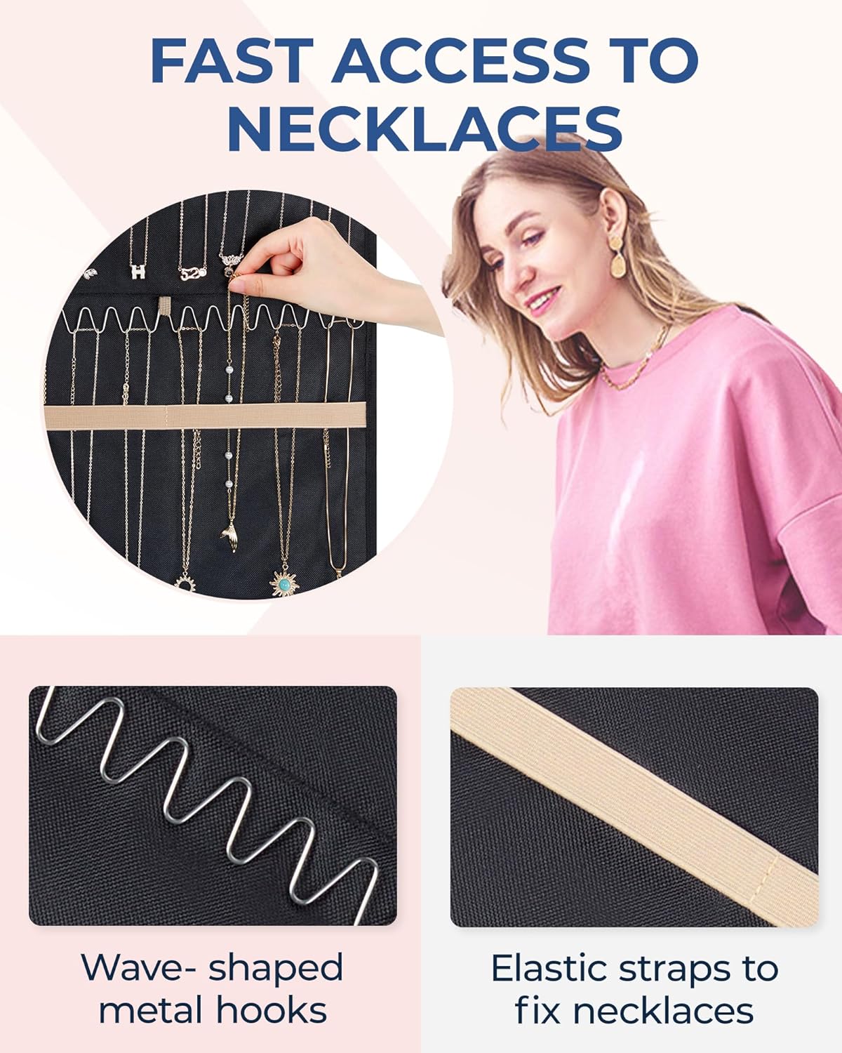 BAGSMART Hanging Necklaces Organizer Jewelry Holder Storage Roll with Hanger Metal Hooks Double-Sided Jewelry Organizer for Necklaces, Bracelets on Closet, Wall, Door, 1 piece, Large Black
