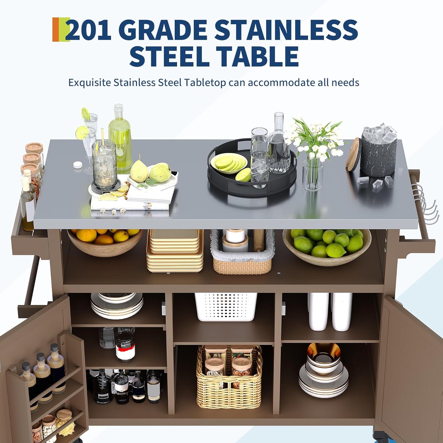 Outdoor Grill Cart with Storage Cabinet, Wood Outdoor Kitchen Island on Wheels, Grill Cart Table with Stainless Steel Table Top, Spice Rack, Towel Rack & Lockable Wheels for Kitchen,BBQ, Coffee