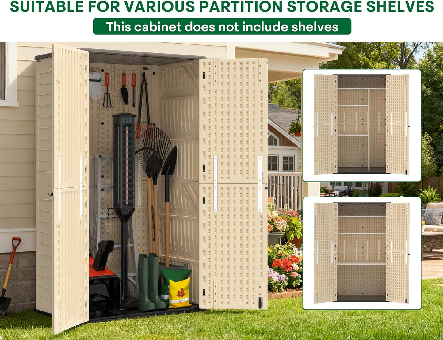 Vertical Outdoor Storage Shed, 60 Cu.Ft Resin Storage Cabinet Waterproof with Lockable Floor, All-Weather Tall Backyard Shed for Patio Furniture, Garage, Garden, Porch (Khaki)