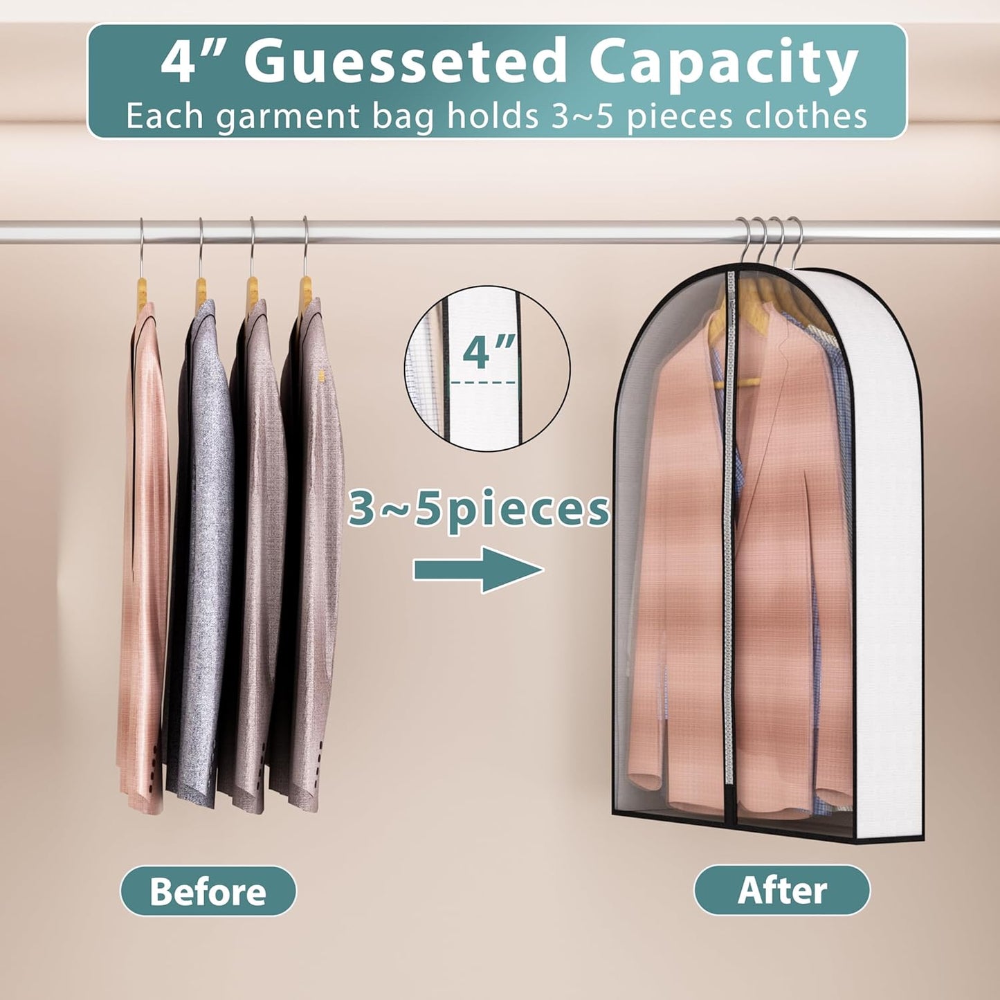 32” Garment Bags for Hanging Clothes 4” Gusseted - with Clear Window, Breathable Fabric, Metal Zipper, Suit Coat Fur Protector for Closet storage, clothes Season Off, Moving, 5 Pack