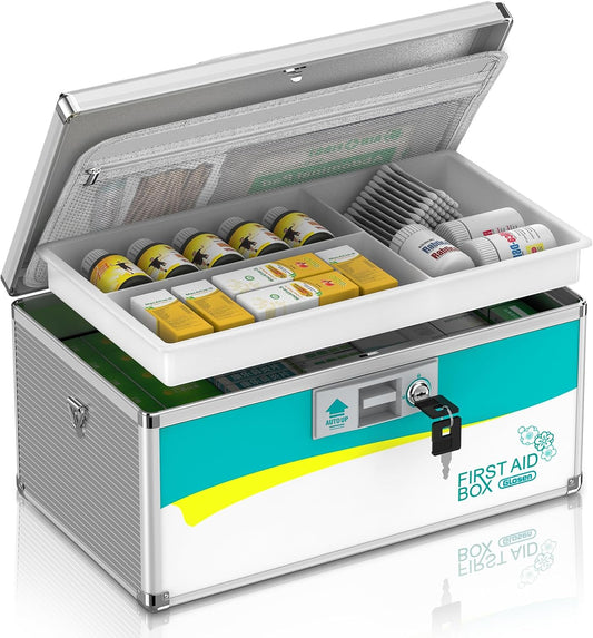 Glosen Medicine Lock Box,locking medicine box, Security Lock Boxes【Extra Large 16inch 16 x 9.25 x 7.5 Inch with removable storage pocket】 lock box, First Aid Key Safe Box for Medication