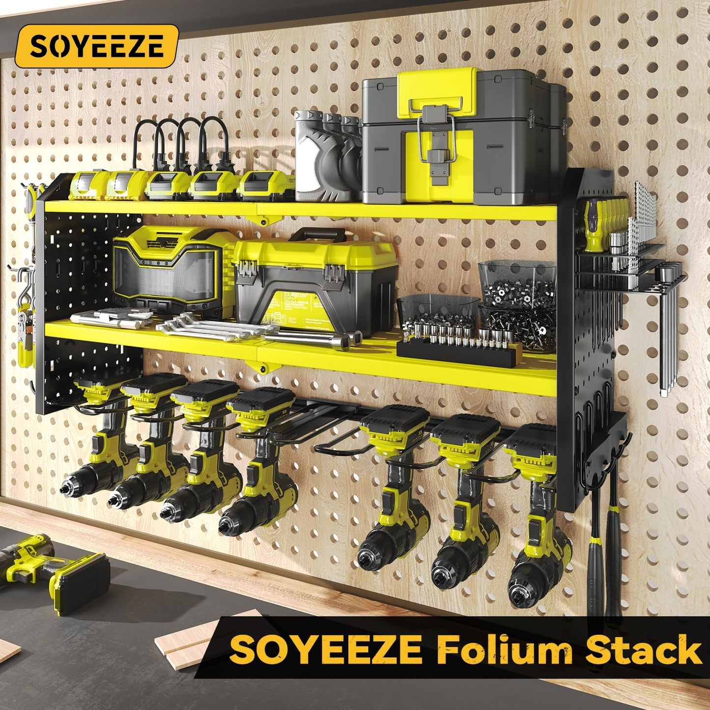 SOYEEZE Large Power Tool Organizer Wall Mount with Charging Station, 3 Layer Heavy Duty Metal Tool Storage Rack with 8 Drill Holder, Tool Holder Built in 8 Outlet Power Strip (Green)