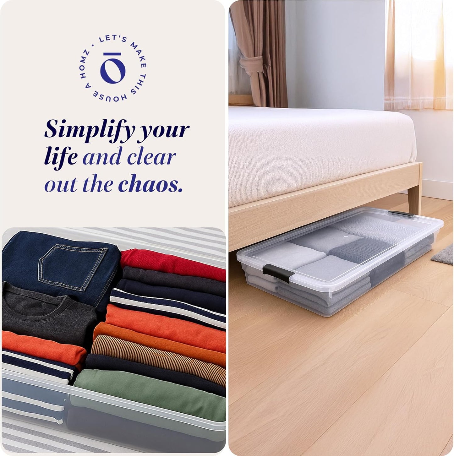 HOMZ 2-Pack Under Bed Storage, Clear Plastic Containers with Lids, 60 Quart, Gray Latch - Stackable Underbed Organizer Bins for Shoes, Bags, Clothes, and Towels