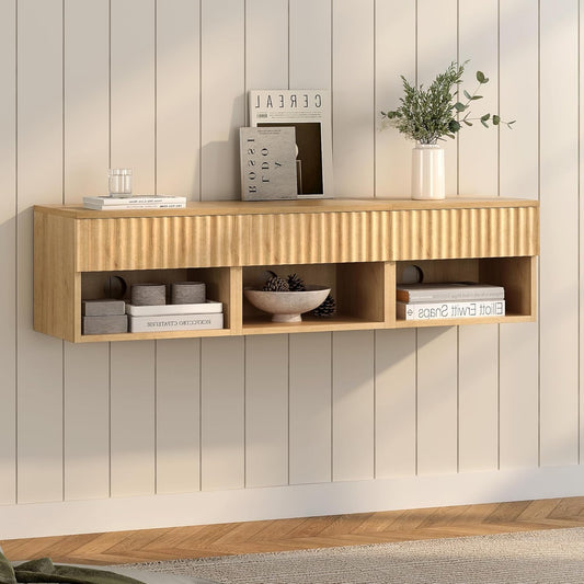 Floating Nightstands Set of 3 with Drawer and Open Shelf, Small Wall Mounted Bedside End Table, Modern Fluted Night Stand for Bedroom, Living Room, Natural Oak