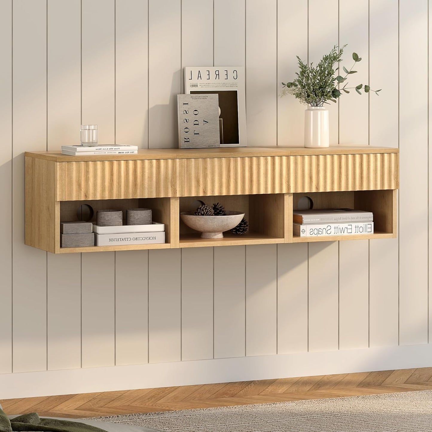 Floating TV Stands Set of 4 with Drawer and Open Shelf, Small Wall Mounted Bedside End Table, Modern Fluted Night Stand for Bedroom, Living Room, Natural Oak