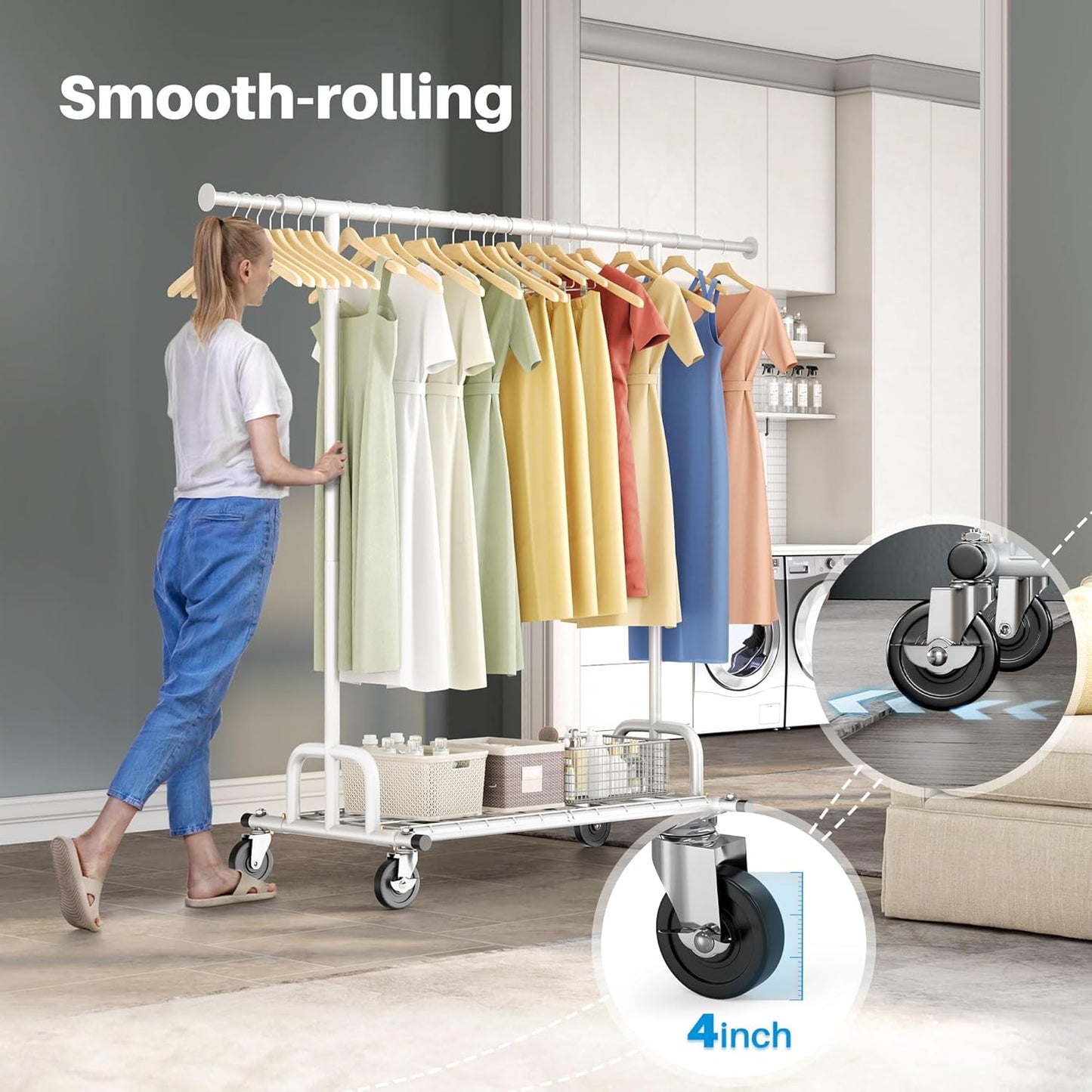 HOKEEPER Clothes Rack Collapsible Clothing Garment Rack Capacity 525LBS Clothing Racks on Wheels Heavy Duty Rolling Clothes Rack for Hanging Clothes for bedroom, Commercial, White 22"D x 75"W x 71"H