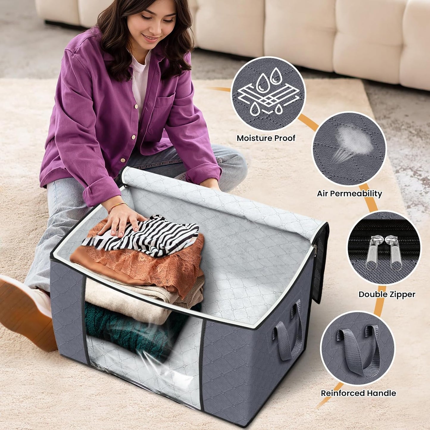 Fab totes 24 Gallons Clothes Storage, Foldable Thick Fabric Blanket Storage Bags, Containers for Organizing Bedroom, Closet, Clothing, Comforter, Organization with Handle (10 Pack,Grey)