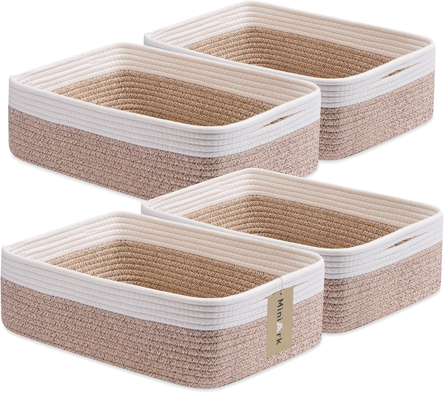 Large Shallow Organizing Baskets 15x11x5.1 Inches - Rope Woven Storage Bins for Bathroom, Shelves, Cube Closet, White Mixed Brown 4 Packs