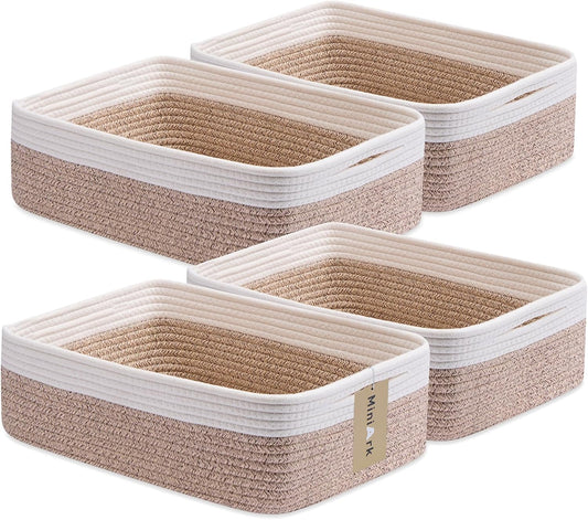Large Shallow Organizing Baskets 15x11x5.1 Inches - Rope Woven Storage Bins for Bathroom, Shelves, Cube Closet, White Mixed Brown 4 Packs
