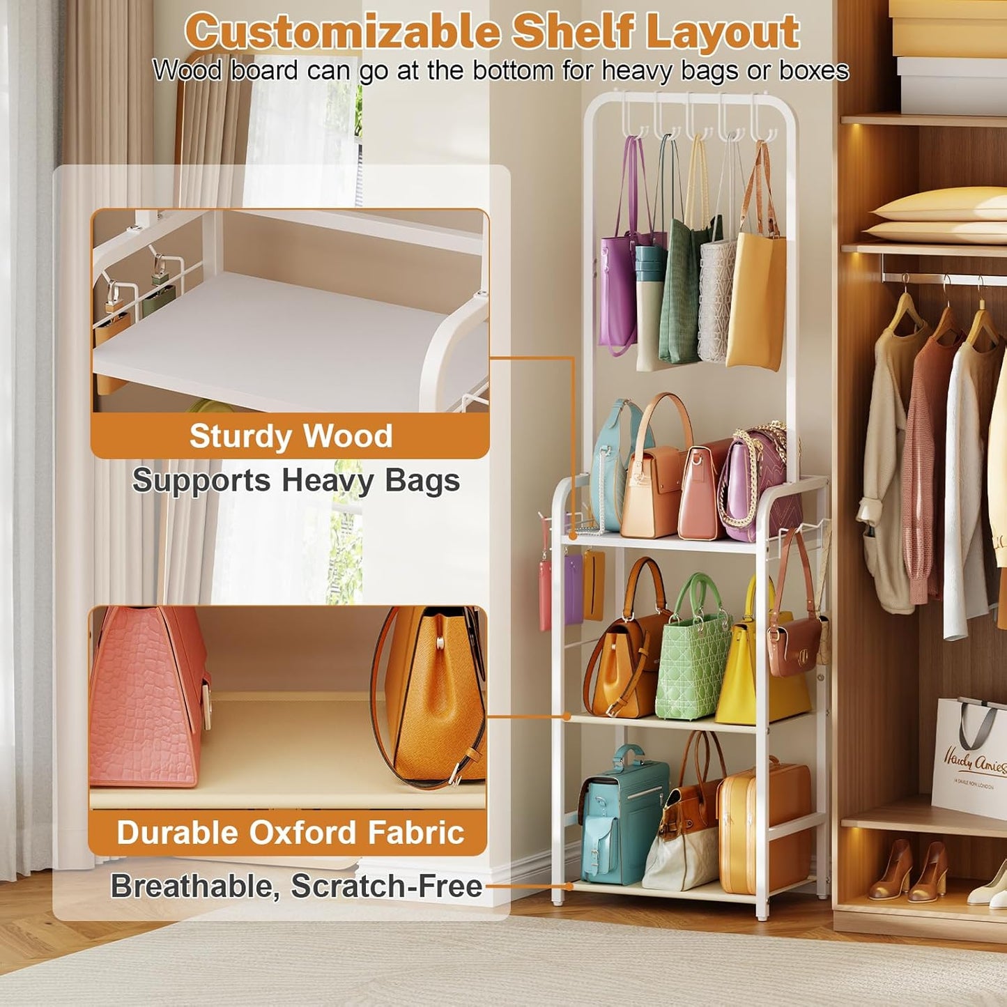 Tall Purse Organizer for Closet with 5 Purse Hanger & 6 Side Hooks, 4 Tier Floor-Standing Purse Rack Stand for Purse Storage, Narrow & High-Capacity Handbag Organizer, Backpack Storage for Small Place