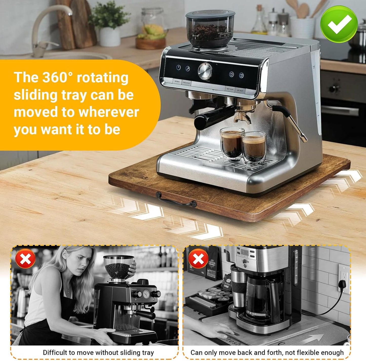 Sliding Tray for Coffee Maker, 360° Rotating Appliance Slider for Kitchen Appliances, Wooden Sliding Tray Suitable for Kitchen Countertops and Kitchen Appliances(Brown, Small)