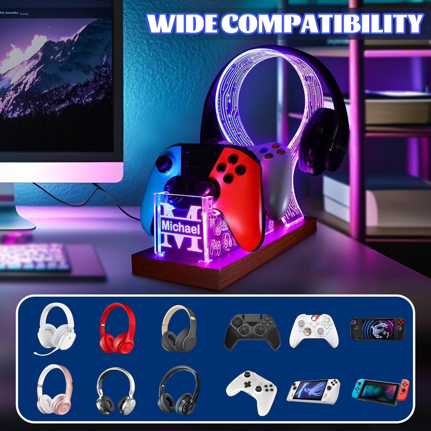 YuanDian Gamer Gifts for Teenage Boy, Desk Gaming Headset and Controller Stand with Blue Pink LED Night Light, Acrylic Wooden Controller Holder with PCB Pattern, Desk Decor Gift (Customized)