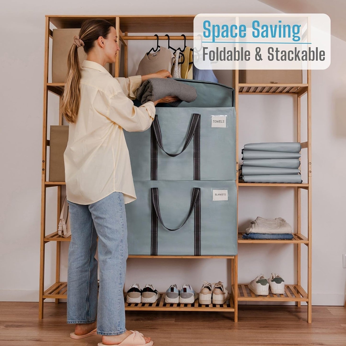 VENO 2 Pack Moving Bags and Large Christmas Storage Bins with lids. Alternative to Moving Boxes, Packing Supplies for College. Extra Large Heavy Duty Totes for Packaging (Light Blue Matte, 2 Pack)