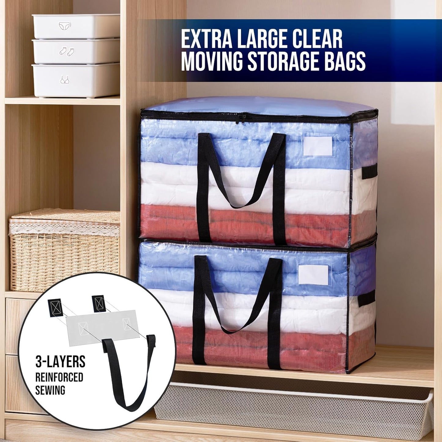 TAILI Extra Large Moving Bags, 2 Pack Clear Heavy Duty Totes for Storage with Visible Window, Wrap Around Handles, Storage Bags for Space Saving, Alternative to Moving Boxes