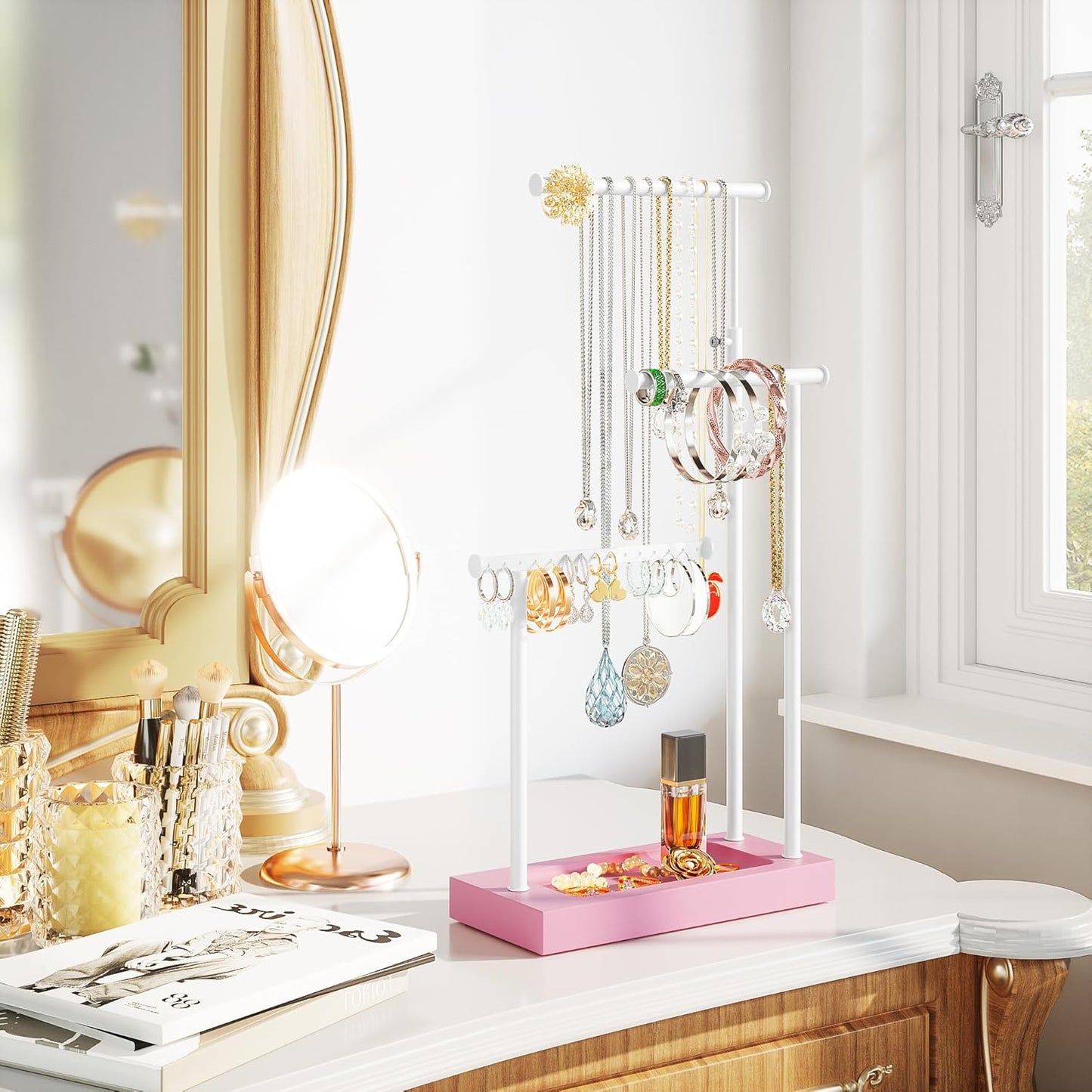 SRIWATANA Jewelry Organizer Stand, Extra Tall Necklace Holder Jewelry Holder, Gift Idea (Pink & White)
