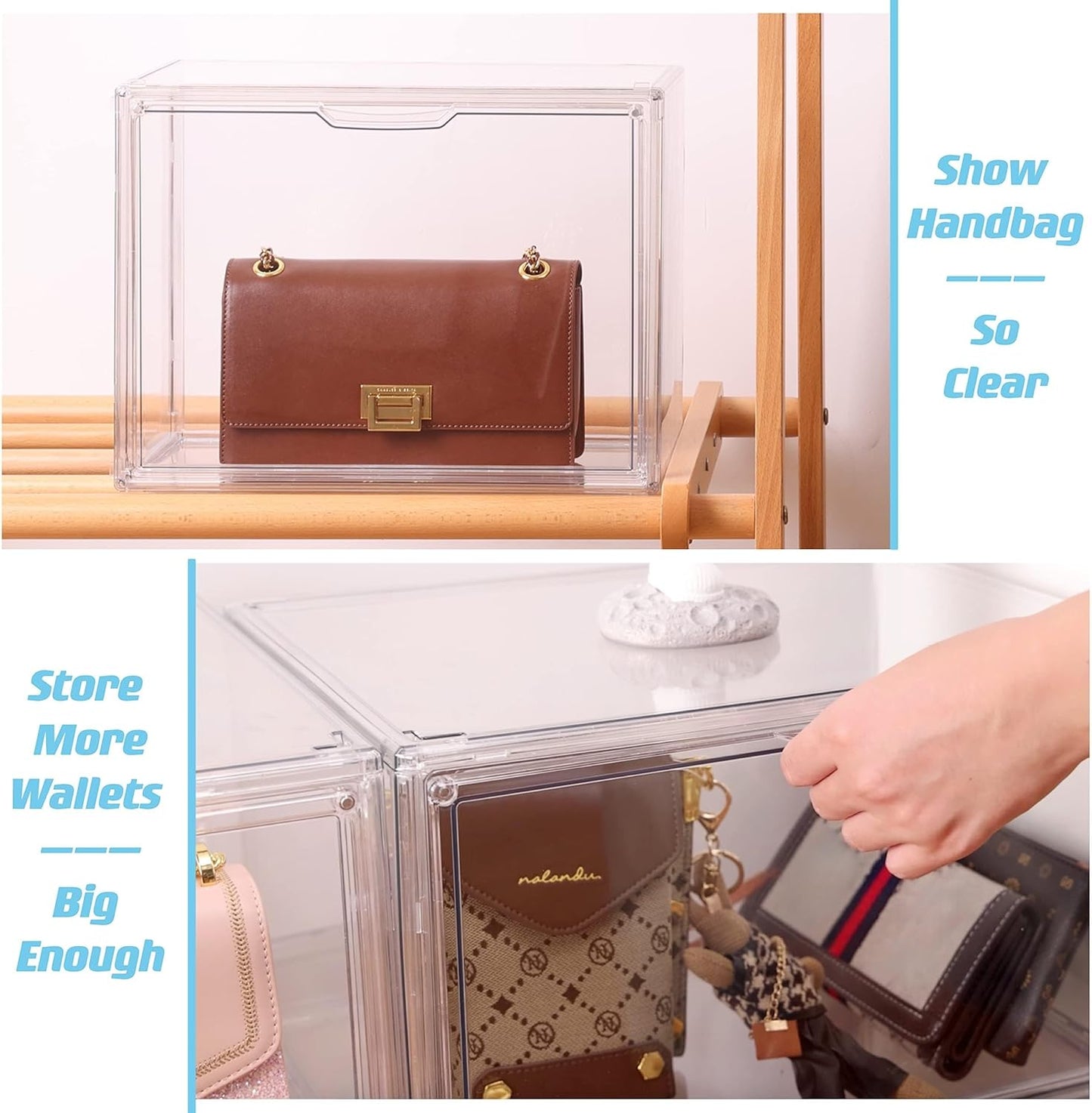 Purse Organizer for Closet, Clear Acrylic Display Case, Large Handbag Storage Organizer with Magnetic Door, 3 Pack Plastic Acrylic Boxes for Wallet, Cosmetic, Collectibles (X Large)