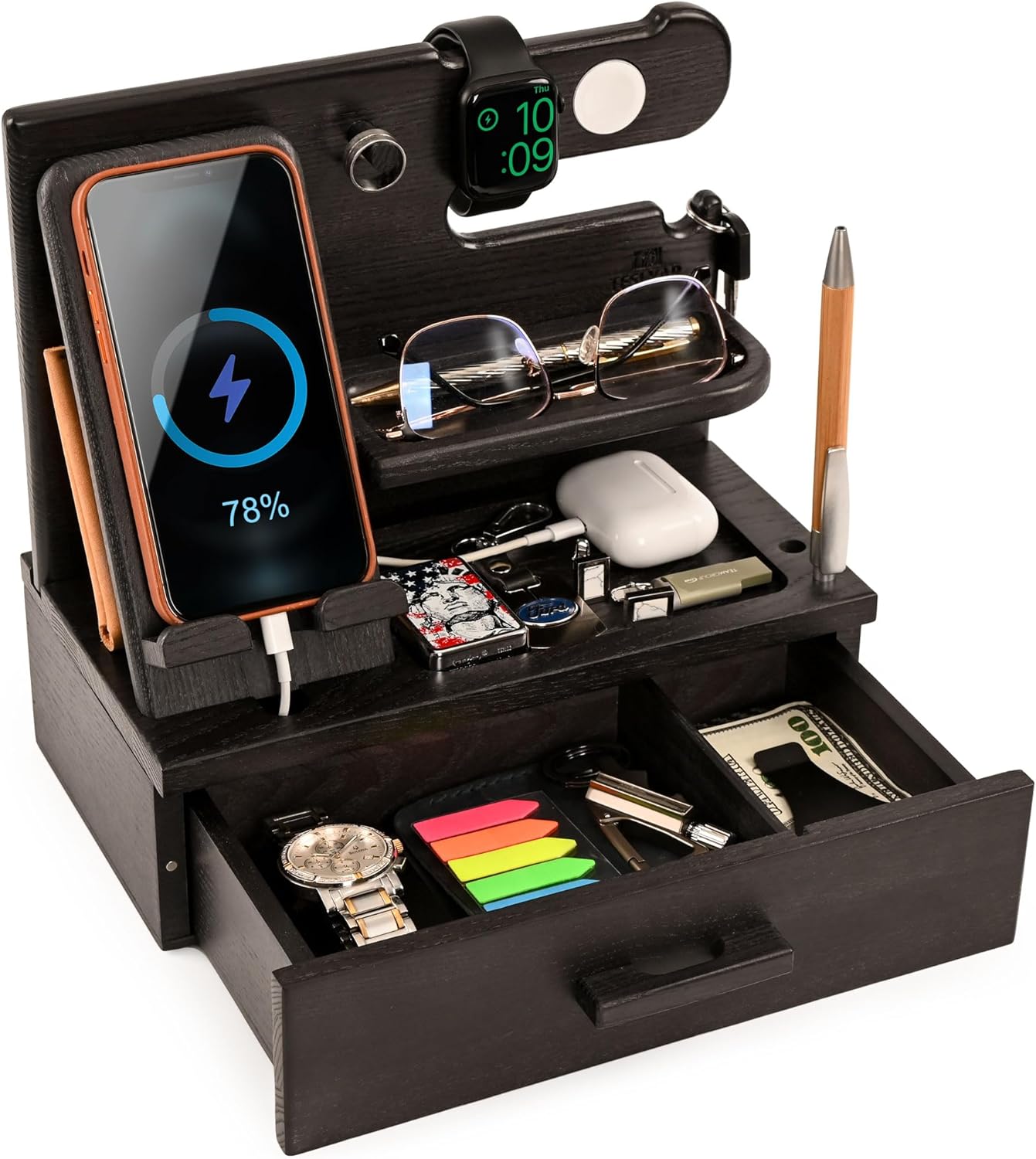 TESLYAR Wood Phone Docking Station with Drawer - Nightstand Organizer - Desk Organizer for Husband - Birthday Gifts for Men, Dad, Anniversary Idea, Key Holder Stand Watch & Accessories (Granite Black)