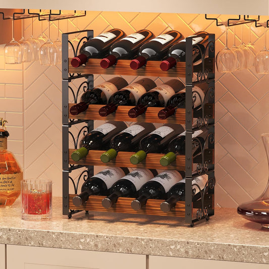 X-cosrack Wine Rack Freestanding Floor with Patent Design, Wooden & Metal Wine Bottle Holder, 4 Tier 16 Bottles Stackable Wine Storage Racks for Kitchen Counter or Bar, Wine Display Shelf