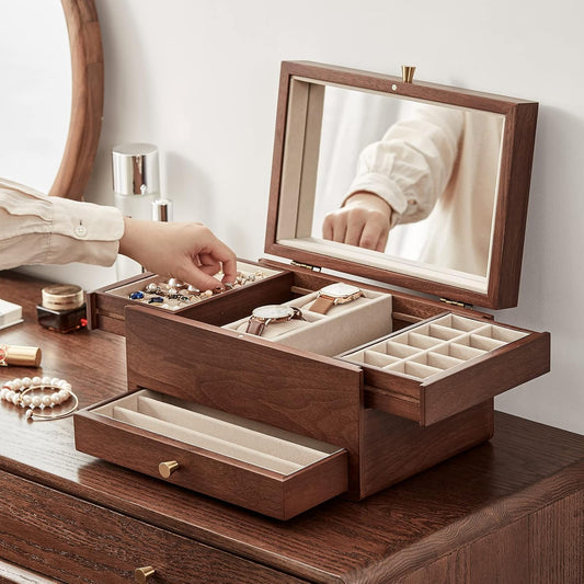 CHOSIN Black Walnut Jewelry Box for Women, 3-Level Multi-functional Organizer with Mirror for Watches, Necklaces, Rings & Earrings Storage Christmas Gifts